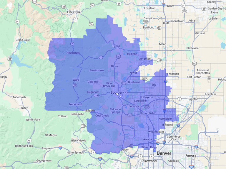Map of the Westminster, Broomfield, Boulder, and surrounding service area