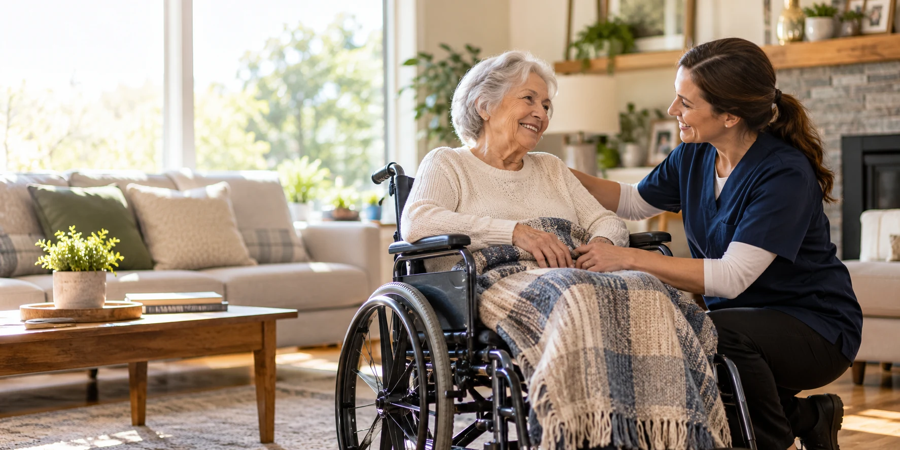 A caregiver offering support to an older adult seated in a wheelchair at home